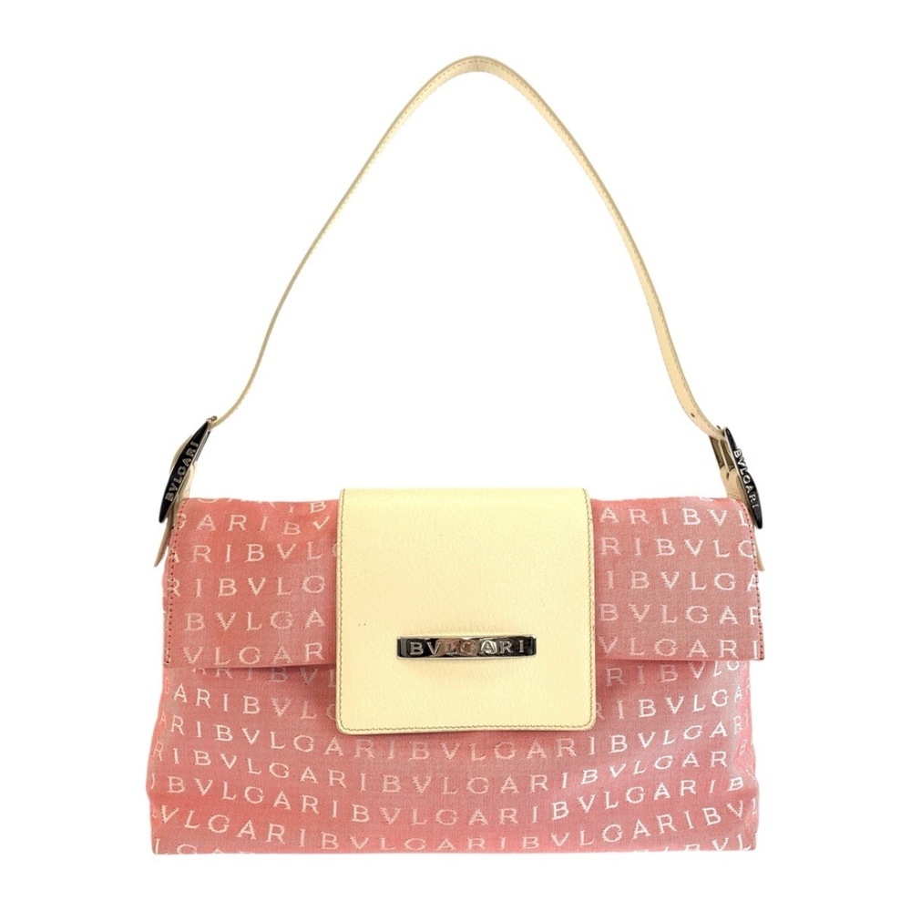 BVLGARI Logomania Pink Cream Silver Hardware Canvas Leather Shoulder Bag Hand...